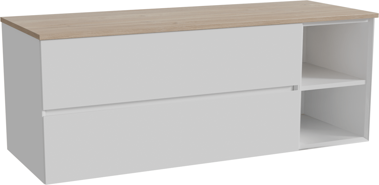 Storke Edge zwevend badkamermeubel 140 x 52 cm glanzend wit met Panton enkel of dubbel tablet in melamine ruwe eik