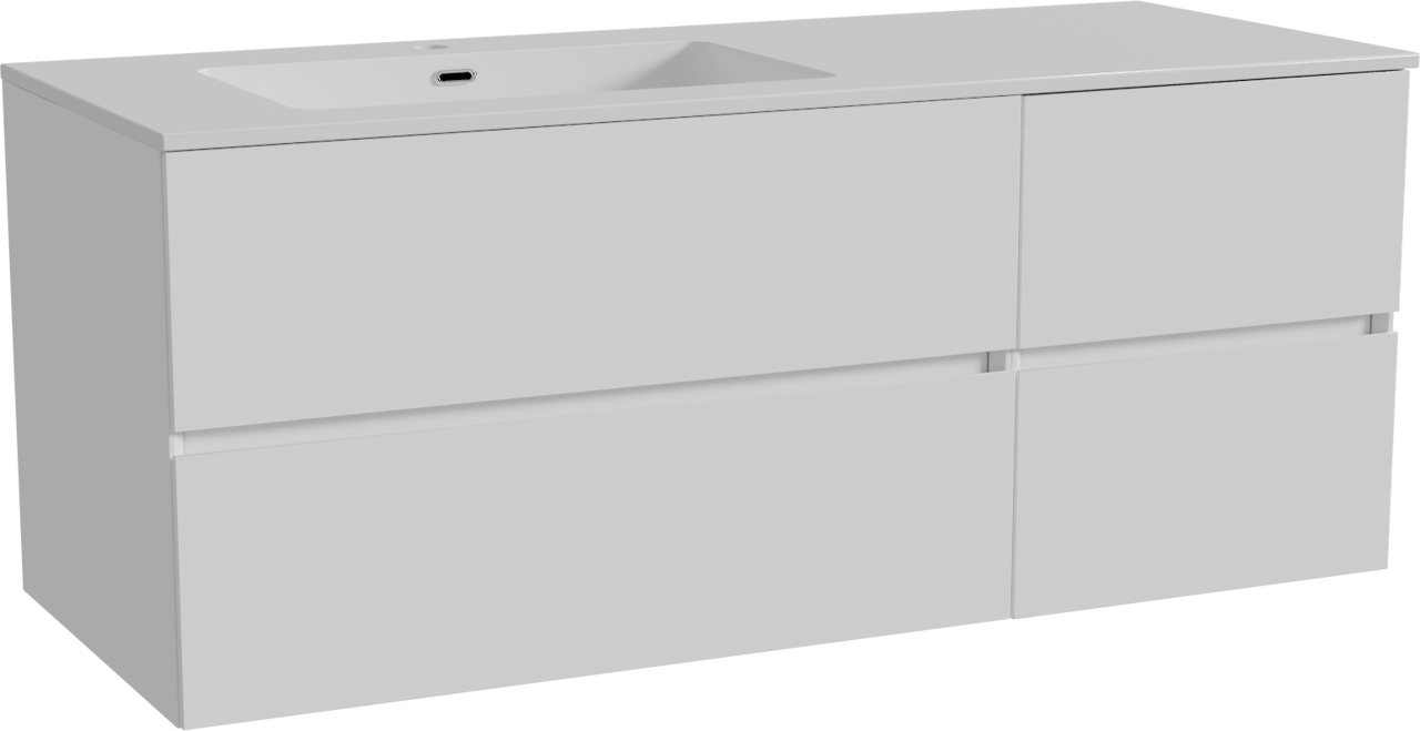 Storke Edge meuble salle de bains suspendu 130 x 52 cm blanc brillant avec Diva plan vasque asymétrique à gauche en marbre composite blanc brillant
