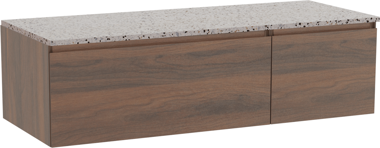 Storke Edge zwevend badmeubel 130 x 52 cm notenhout met Tavola enkel of dubbel wastafelblad in mat wit/zwart terrazzo