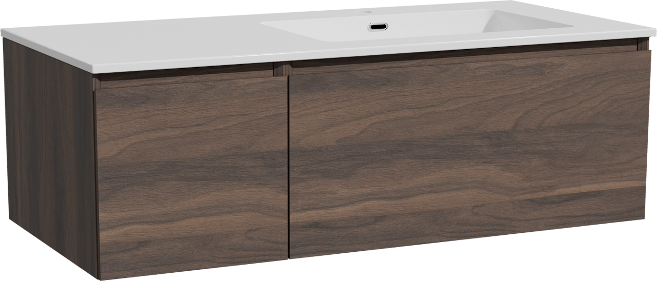 Storke Edge meuble salle de bains suspendu 110 x 52 cm noyer avec Diva plan vasque asymétrique à droite en marbre composite blanc brillant