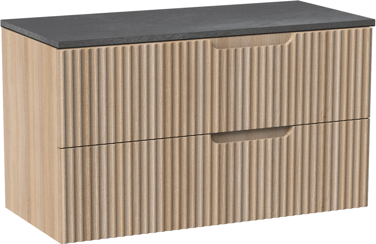 Linie Ribbo hängendes Möbelstück Set: 100 x 46 cm, Helle Eiche, mit Lado Einzel- oder Doppel Waschtischplatte, Melamin, Schiefergrau, Vertikale symmetrische runde Rippe