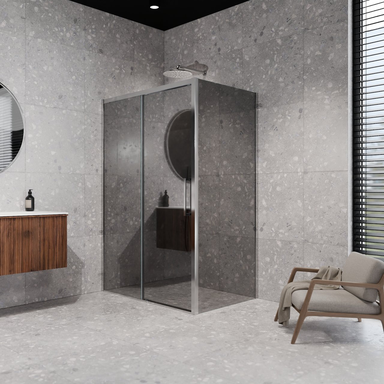 Balmani Senses Design douchecabine met linkse schuifdeur en vaste zijwand, 160 x 100 cm, Reflex spiegelglas, Hoogglans chroom profielen