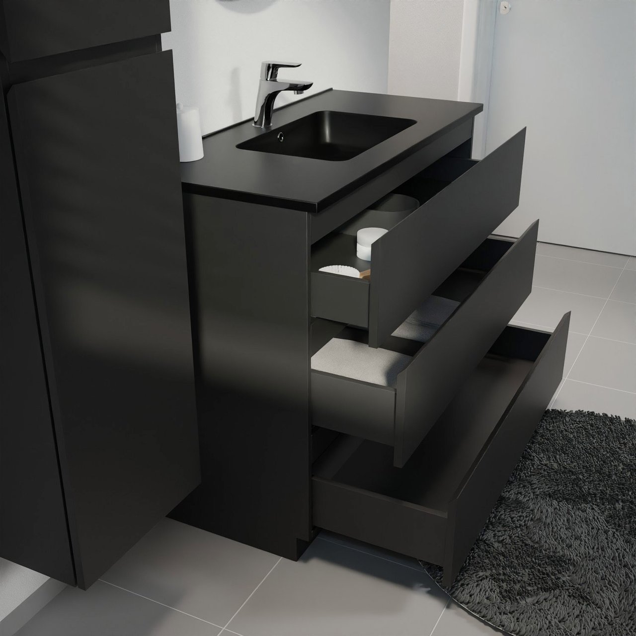 Linie Lado freistehendes Möbelstück Set: 100 x 46 cm, Schwarz matt, mit Vano Einzelwaschtisch, Marmorkomposit Schwarz matt