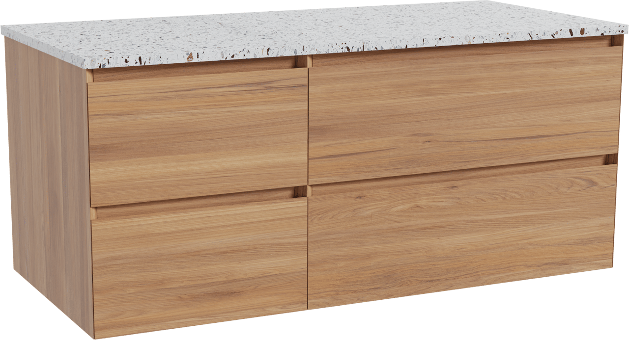 Balmani Mitra meuble salle de bains suspendu 120 x 55 cm teck avec Stretto tablette simple ou double en blanc/noir mat terrazzo