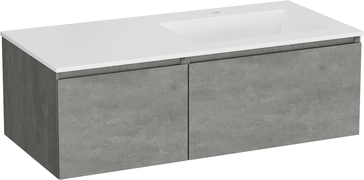 Storke Edge meuble salle de bains suspendu 110 x 52 cm béton gris foncé avec Bilia plan vasque asymétrique à droite en marbre composite blanc brillant