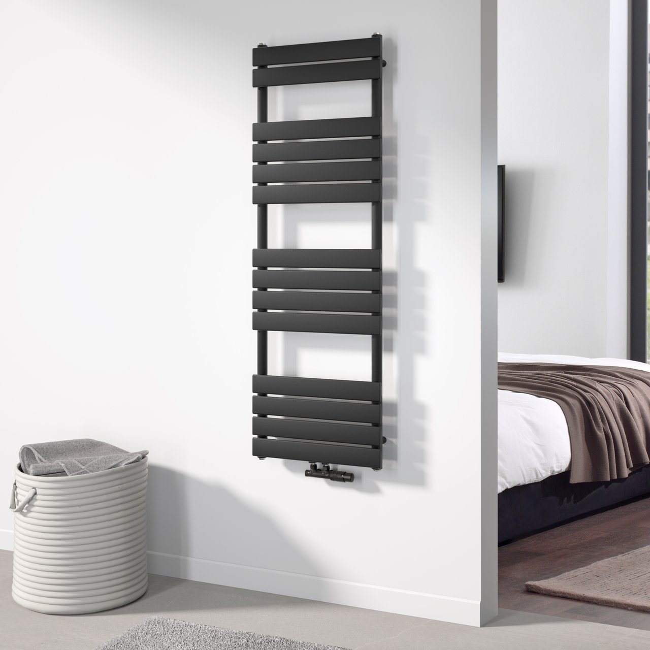 Vipera Vulcan enkele handdoekradiator 50 x 150 cm centrale verwarming mat zwart zij- en middenaansluiting 884W