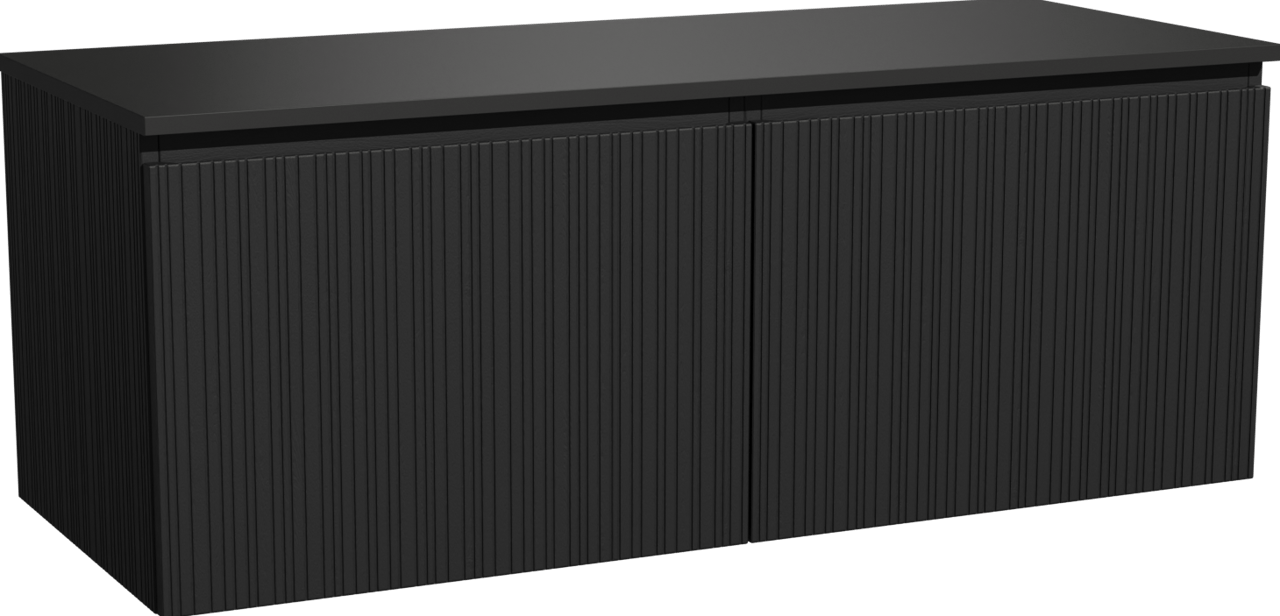 Storke Ribs zwevend badmeubel 130 x 52 cm zwart eiken met Panton enkel of dubbel wastafelblad in gepoedercoate mdf mat zwart, Verticale asymmetrische rechte ribbel