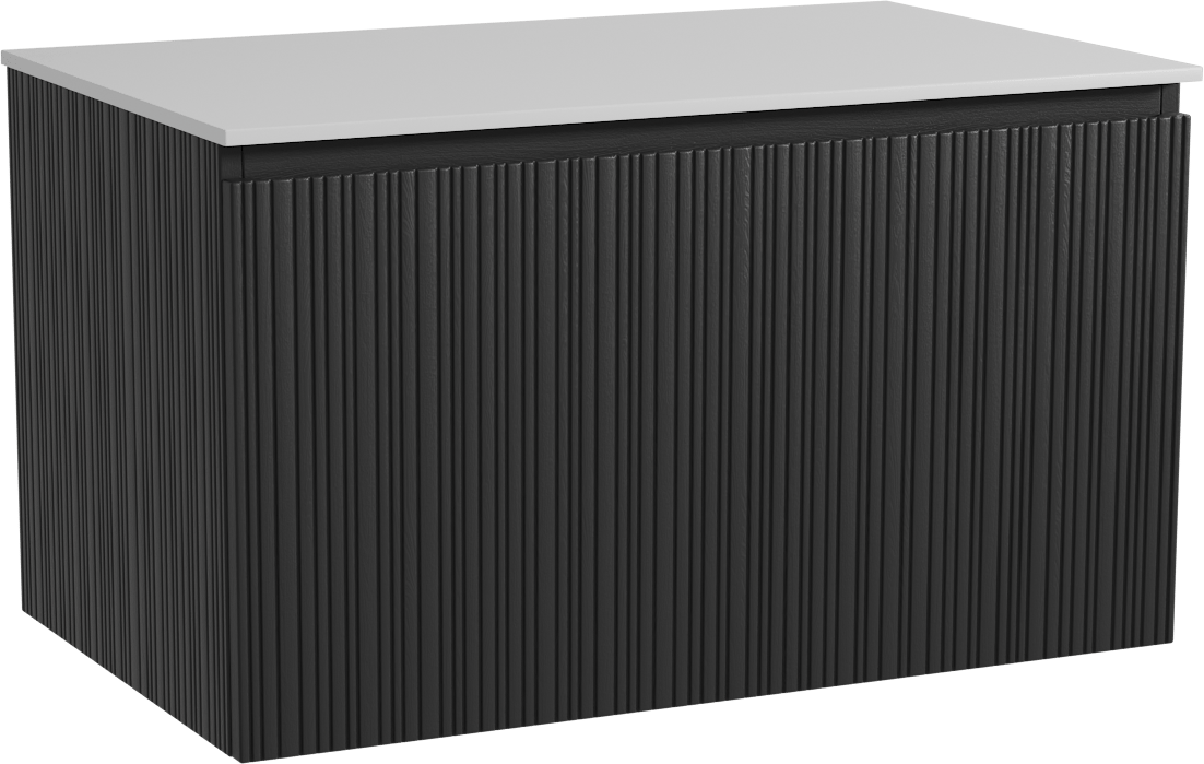 Storke Ribs zwevend badkamermeubel 85 x 52 cm zwarte eik met Tavola enkel tablet in solid surface mat wit, Verticale asymmetrische rechte ribbel
