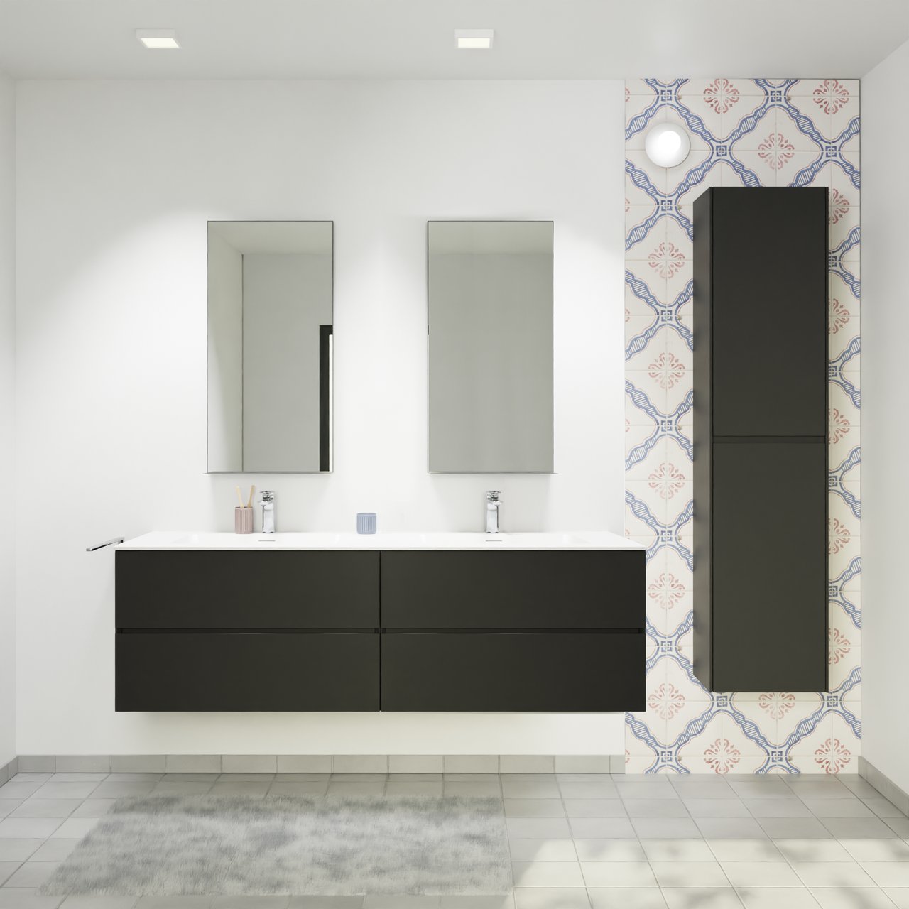 Storke Edge zwevend badkamermeubel 170 x 52 cm mat zwart met Mata dubbele wastafel in solid surface mat wit