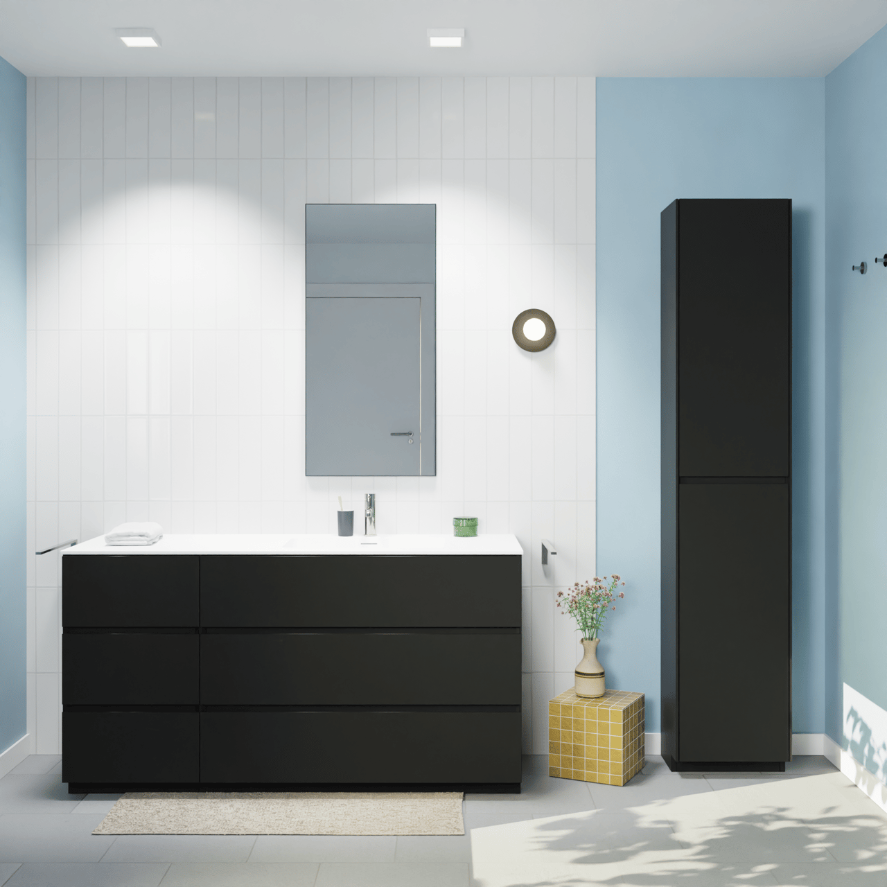 Storke Edge staand badkamermeubel 150 x 52 cm mat zwart met Mata asymmetrisch rechtse wastafel in solid surface mat wit
