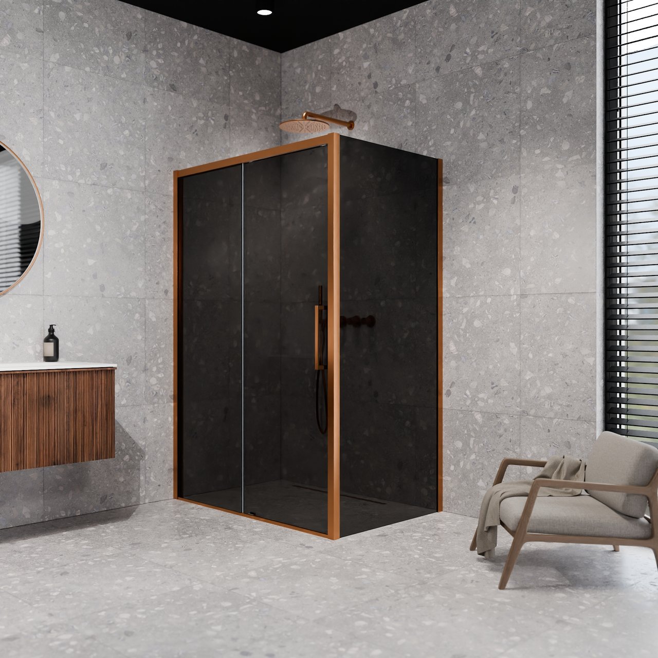 Balmani Senses Design douchehoek met linkse schuifdeur en vaste zijwand, 120 x 100 cm, Rookglas, Brushed Rosegold profielen, met coating
