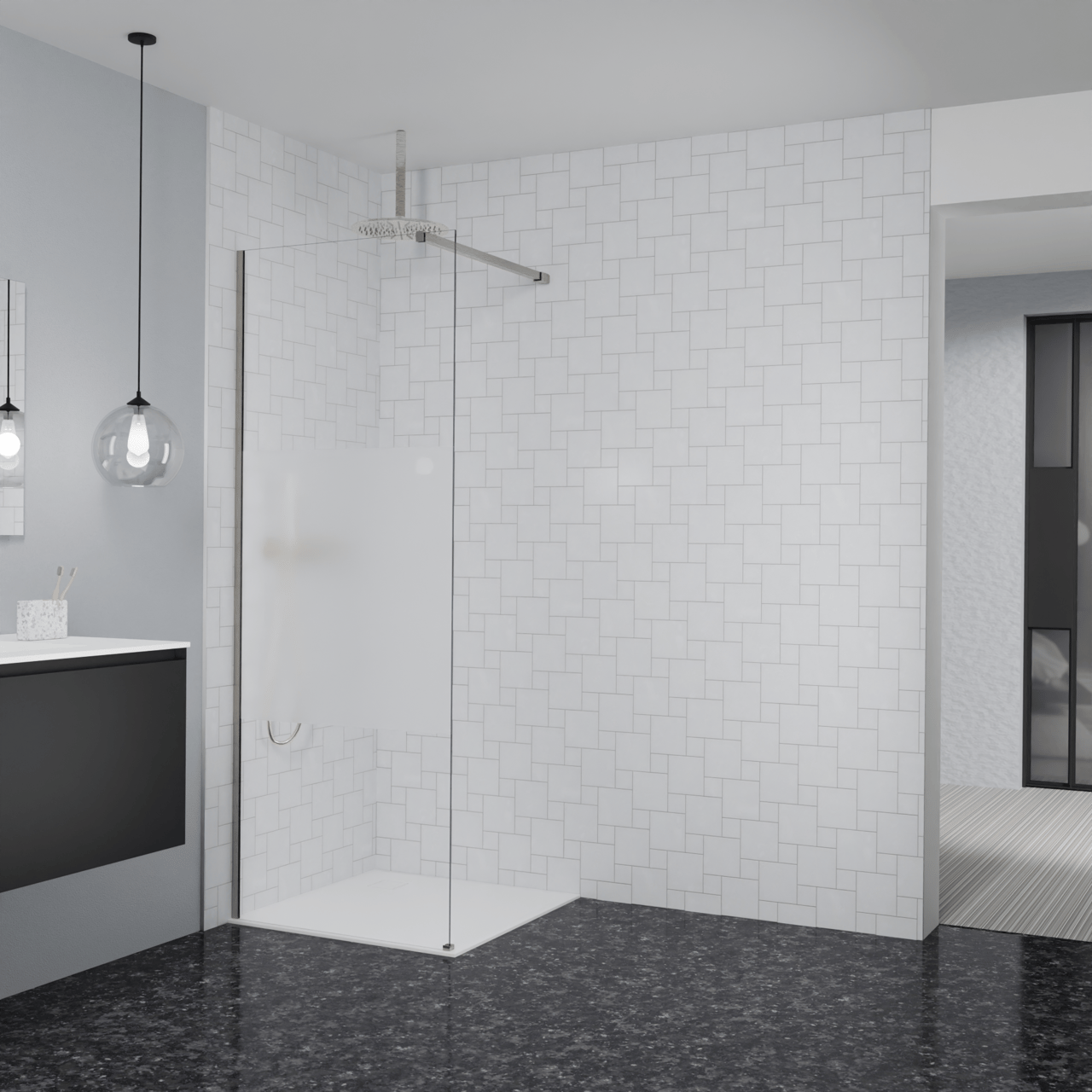 Balmani Modular inloopdouche: 80 x 200 cm, Helder glas met matte strook, Brushed CoolMetal profielen