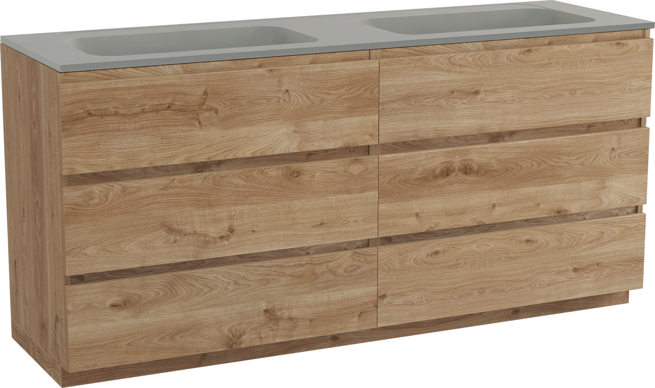 Balmani Lucida freistehendes Möbelstück Set: 180 x 55 cm, Rohe Eiche, mit Tablo Strada Doppelwaschtisch, Marmorkomposit Seidengrau