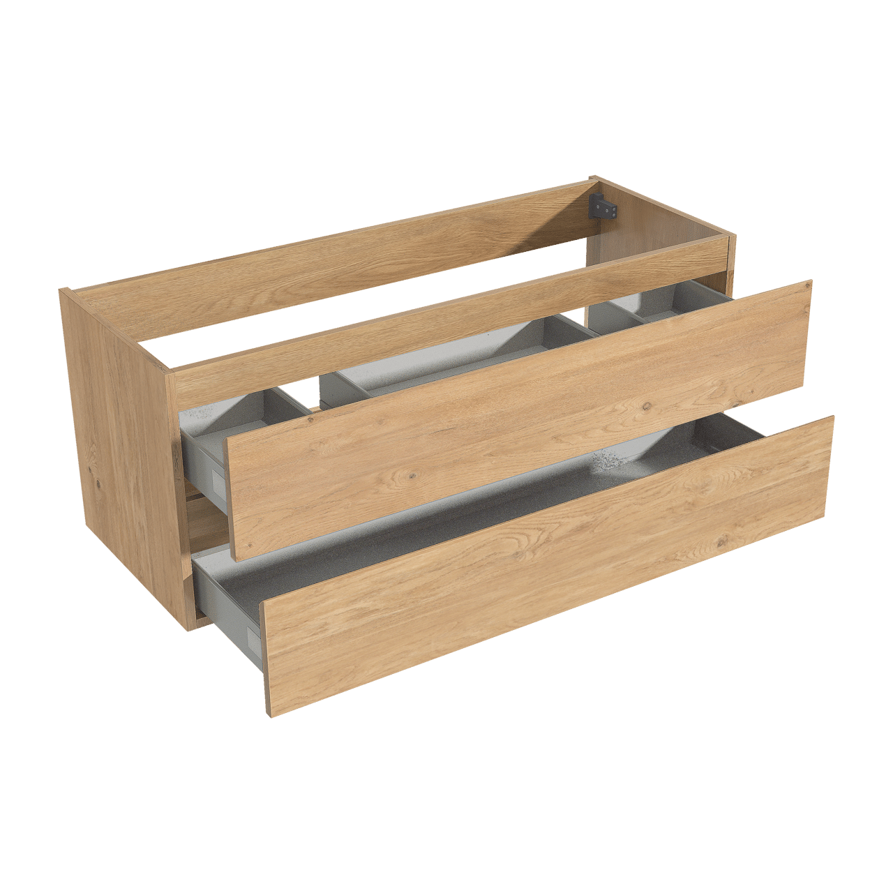 Storke Delta zwevend wastafelonderkast 120 x 48 cm naturel eiken 2 lades 2 sifonuitsparingen