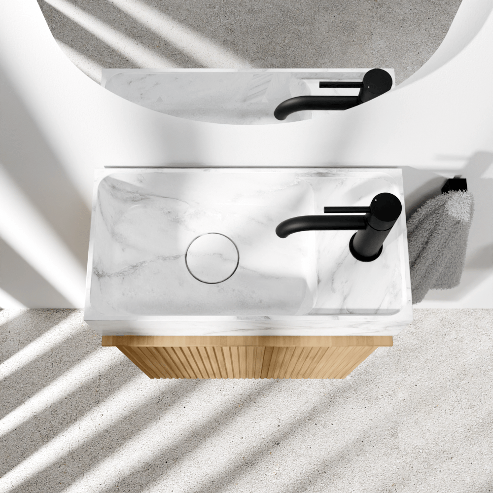 Balmani Forma meuble wc suspendu 42 x 21 cm chêne naturel avec Dama lavabo en marbre Carrara