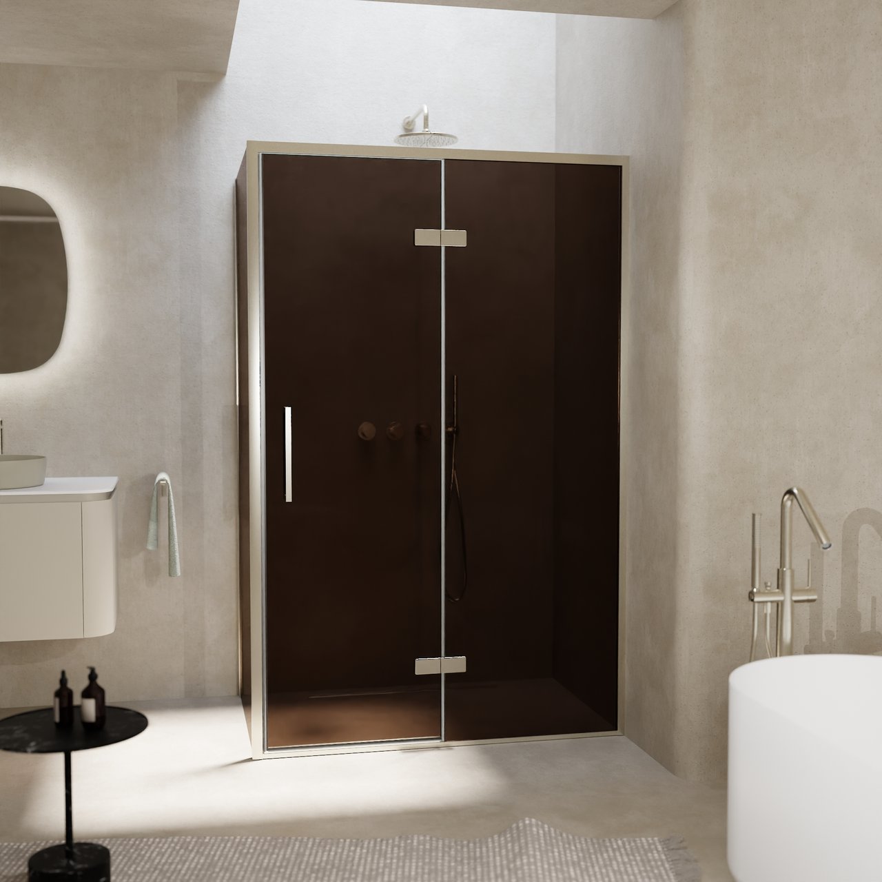 Balmani Senses Design douchehoek met rechtse draaideur en vaste zijwand, 120 x 90 cm, Brons, Brushed CoolMetal profielen, met coating
