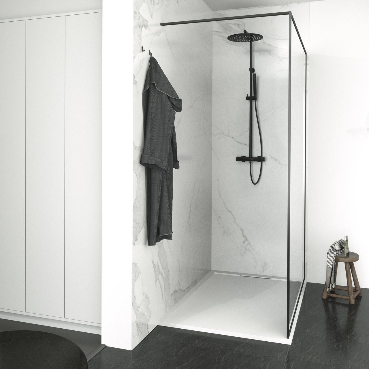 Balmani Framed Walk-In-Dusche 160 x 210 cm Klarglas, inklusive Coating, matt schwarzes Profil