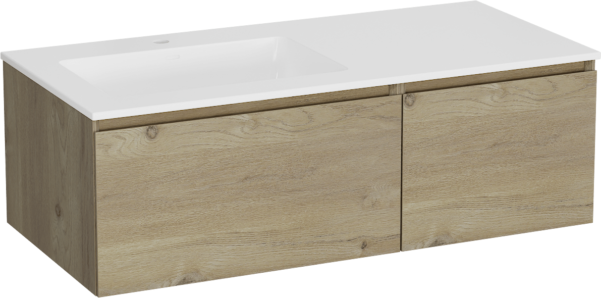 Storke Edge meuble salle de bains suspendu 110 x 52 cm chêne brut avec Bilia plan vasque asymétrique à gauche en marbre composite blanc brillant