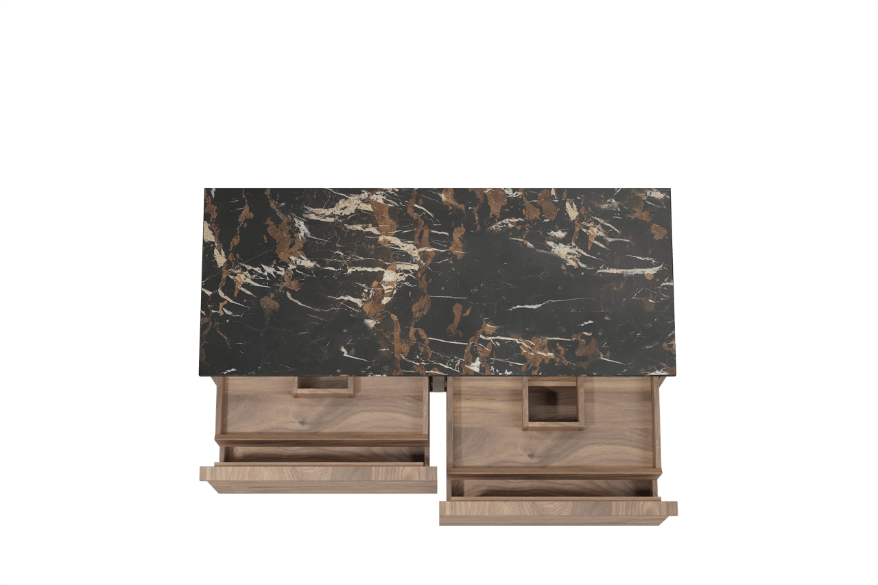 Balmani Forma zwevend badmeubel 135 x 55 cm amerikaans notenhout met Stretto enkel of dubbel wastafelblad in marmer portoro gold, Horizontale symmetrische rechte ribbel
