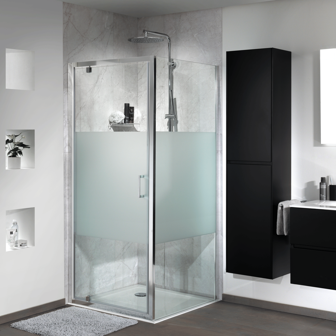 Luca Varess Vidor paroi de douche avec porte pivotante et paroi latérale fixe 90 x 90 cm verre transparent avec bande matte profil chrome brillant