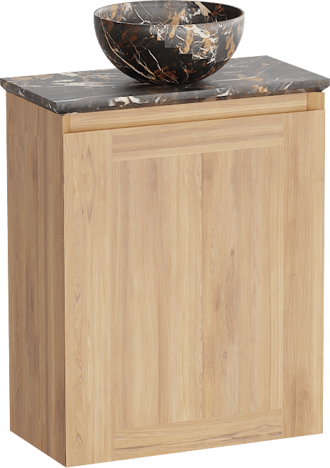 Balmani Mitra hängendes WC-Möbel-Set, 42 x 21 cm, Teak mit Facetta Waschtischplatte und Bari XS Aufsatzbecken in Portoro Gold Marmor