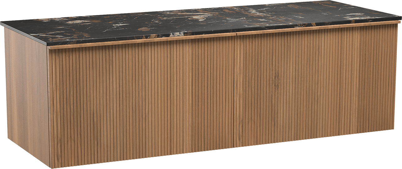 Balmani Forma zwevend badkamermeubel 150 x 55 cm teak met Stretto enkel of dubbel tablet in marmer portoro gold, Verticale symmetrische rechte ribbel