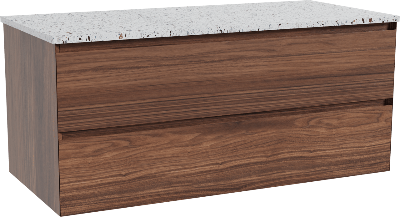 Balmani Mitra meuble salle de bains suspendu 120 x 55 cm noyer avec Stretto tablette simple ou double en blanc/noir mat terrazzo