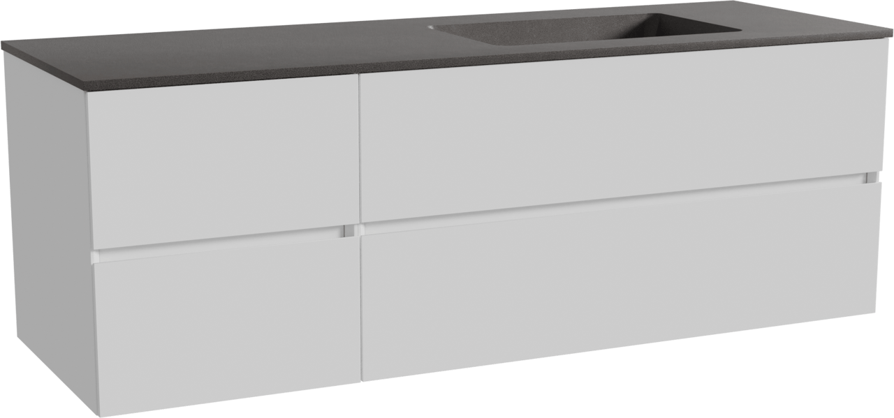 Storke Edge zwevend badmeubel 150 x 52 cm hoogglans wit met Scuro asymmetrisch rechtse wastafel in kwarts mat zwart