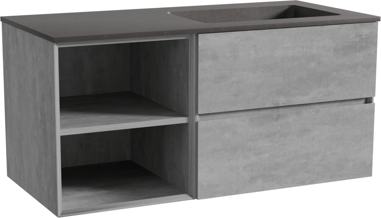 Storke Edge meuble salle de bains suspendu 110 x 52 cm béton gris foncé avec Scuro plan vasque asymétrique à droite en quartz noir mat