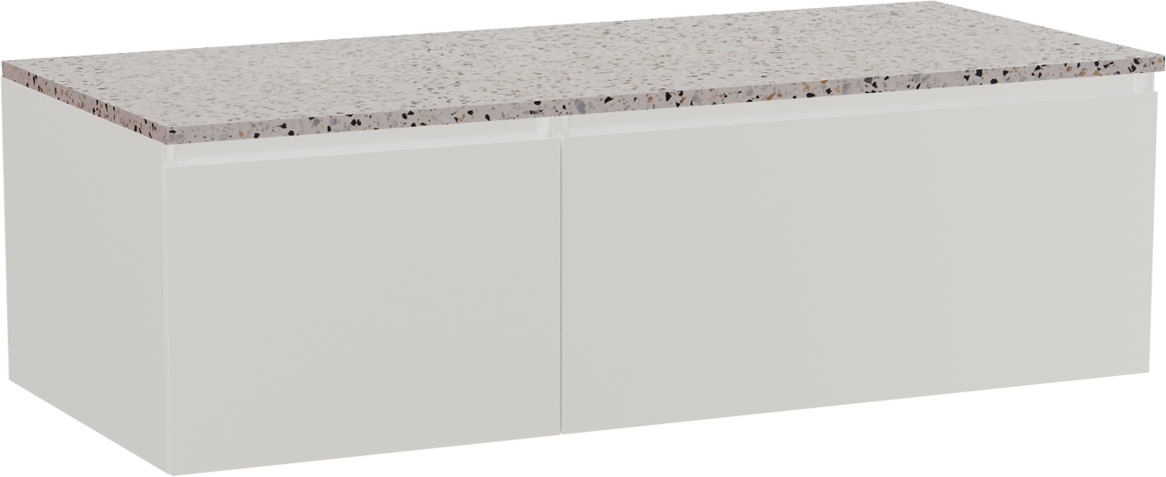 Storke Edge hängendes Möbelstück Set: 120 x 52 cm, Weiß matt, mit Tavola Einzel- oder Doppel Waschtischplatte, Terrazzo in Weiß/Schwarz matt