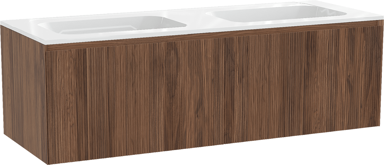 Balmani Fila by Mitra zwevend badmeubel 150 x 55 cm notenhout met Tablo Strada dubbele wastafel in composietmarmer hoogglans wit, Verticale symmetrische rechte ribbel