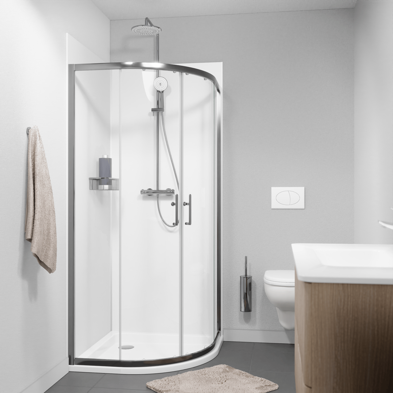 Linie Cadiz coin douche avec entrée d'angle avec double porte coulissante quart de rond 90 x 90 cm Verre transparent profil Brushed Chrome