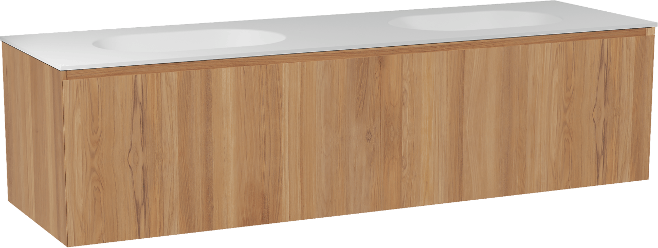Balmani Idra by Mitra zwevend badkamermeubel 180 x 55 cm teak met Tablo Oval dubbele wastafel in solid surface mat wit