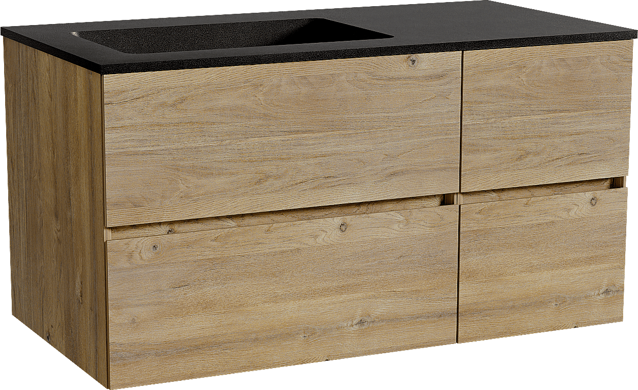 Storke Edge zwevend badmeubel 100 x 52 cm ruw eiken met Scuro asymmetrisch linkse wastafel in kwarts mat zwart