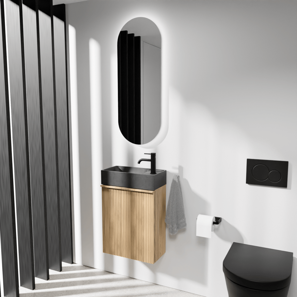 Balmani Forma meuble wc suspendu 42 x 21 cm chêne naturel avec Dama lavabo en granite aiguisé