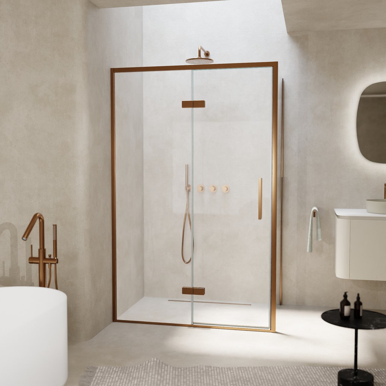 Balmani Senses Design douchehoek met linkse draaideur en vaste zijwand, 120 x 90 cm, Helder glas, Brushed Rosegold profielen