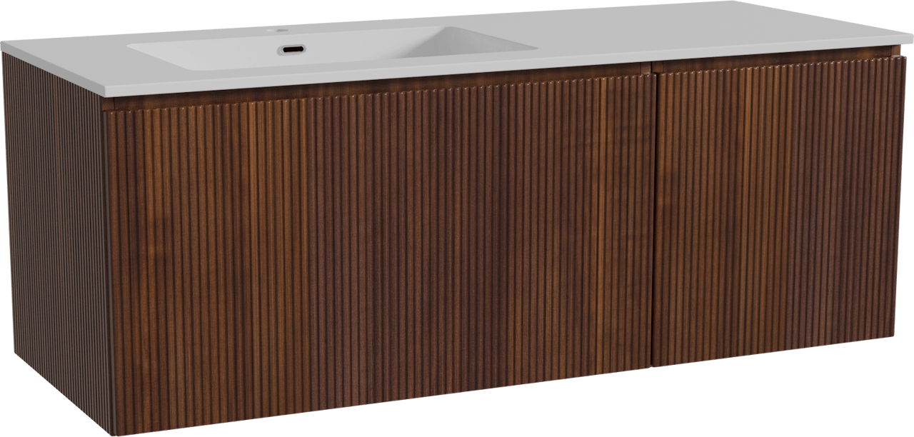 Storke Ribs zwevend badmeubel 130 x 52 cm notenhout met Diva asymmetrisch linkse wastafel in composietmarmer hoogglans wit, Verticale symmetrische rechte ribbel