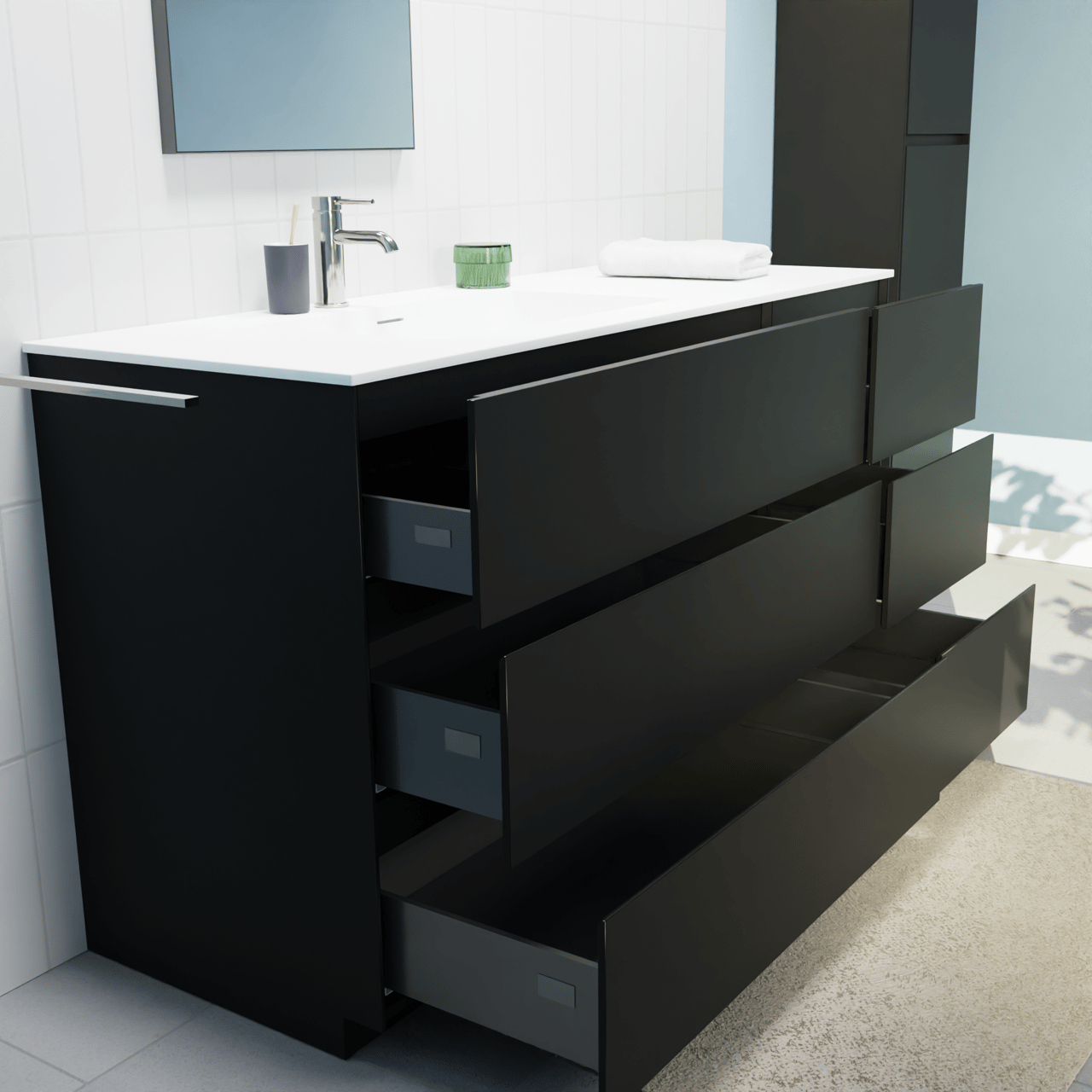Storke Edge freistehendes Möbelstück Set: 140 x 52 cm, Schwarz matt, mit Mata Waschtisch links, Solid Surface Weiß matt