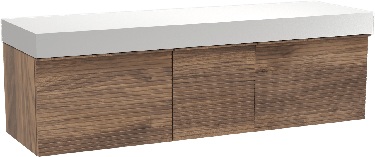 Balmani Forma zwevend badkamermeubel 180 x 55 cm amerikaanse notelaar met Dominus enkel of dubbel tablet in solid surface mat wit, Horizontale symmetrische rechte ribbel