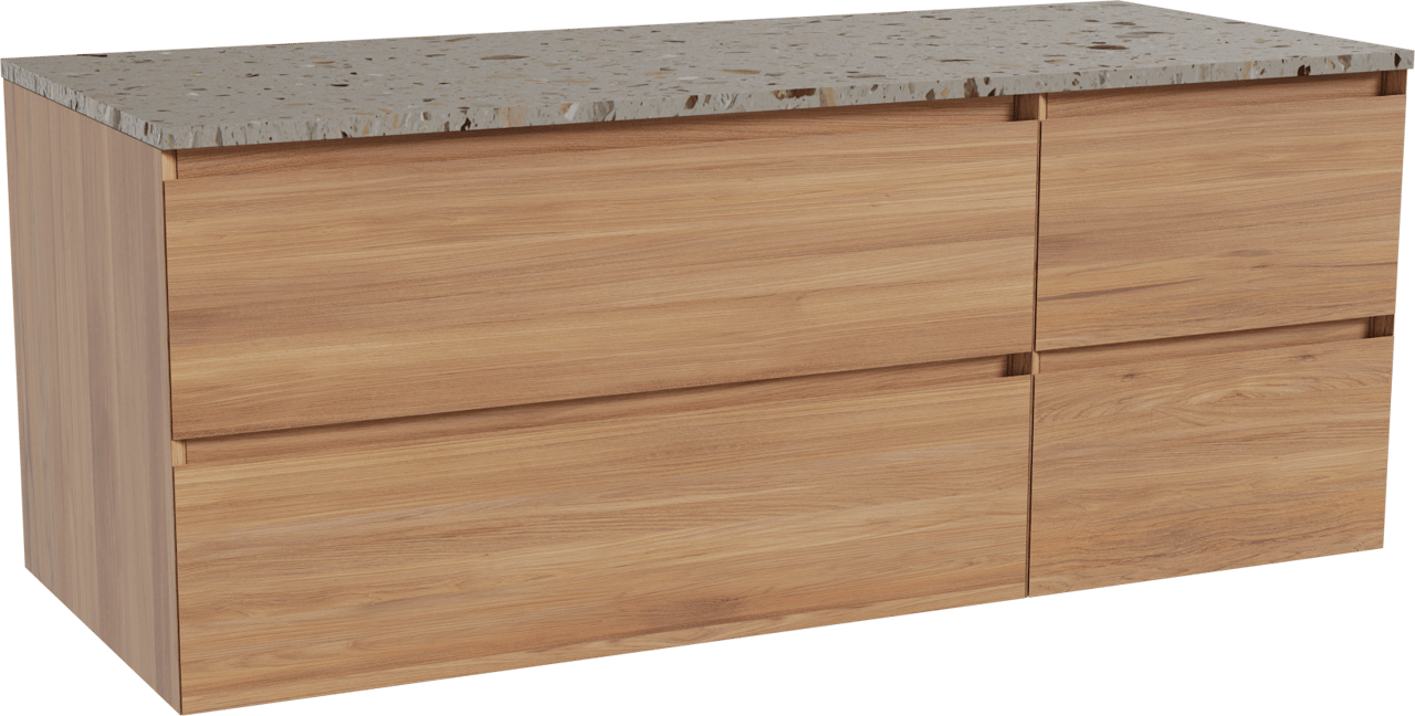 Balmani Mitra hängendes Möbelstück Set: 135 x 55 cm, Teak, mit Stretto Einzel- oder Doppel Waschtischplatte, Terrazzo in Greige