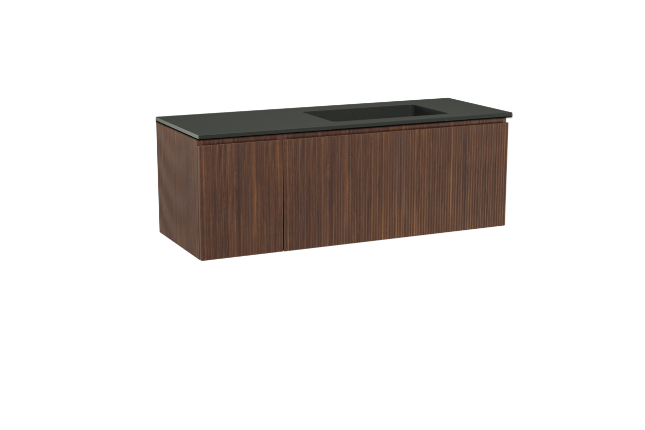 Storke Ribs zwevend badmeubel 140 x 52 cm notenhout met Scuro asymmetrisch rechtse wastafel in kwarts mat zwart, Verticale symmetrische rechte ribbel