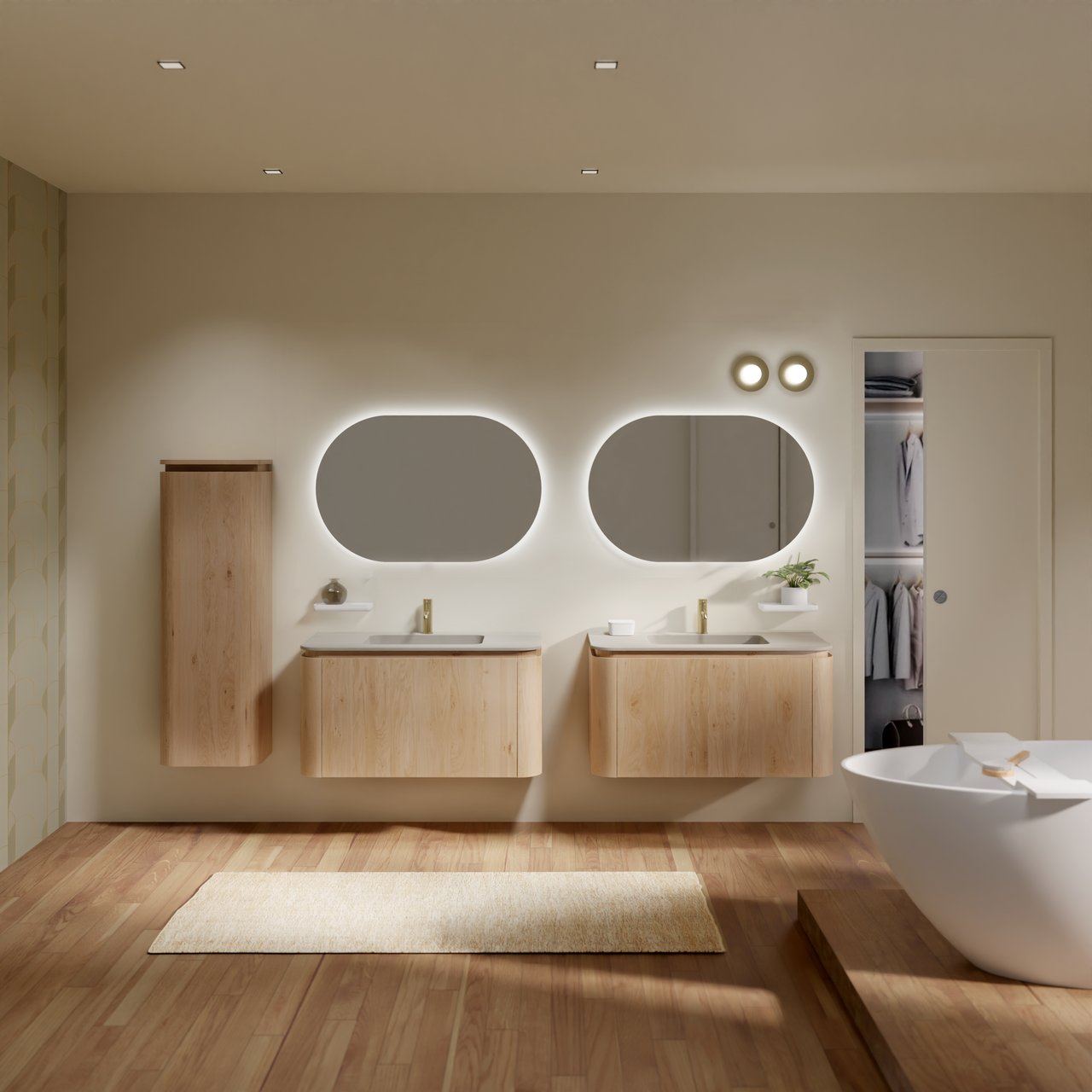 Balmani Moon meuble salle de bains suspendu 100 x 55 cm chêne naturel avec Moon plan simple en top solid soie grise