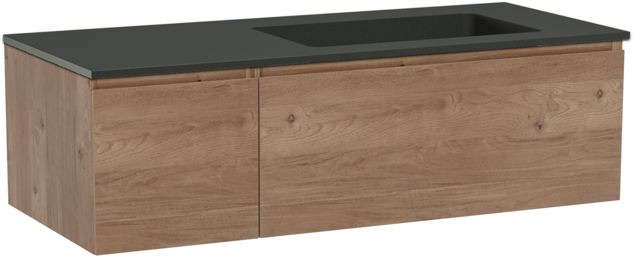 Storke Edge zwevend badmeubel 120 x 52 cm ruw eiken met Scuro asymmetrisch rechtse wastafel in kwarts mat zwart