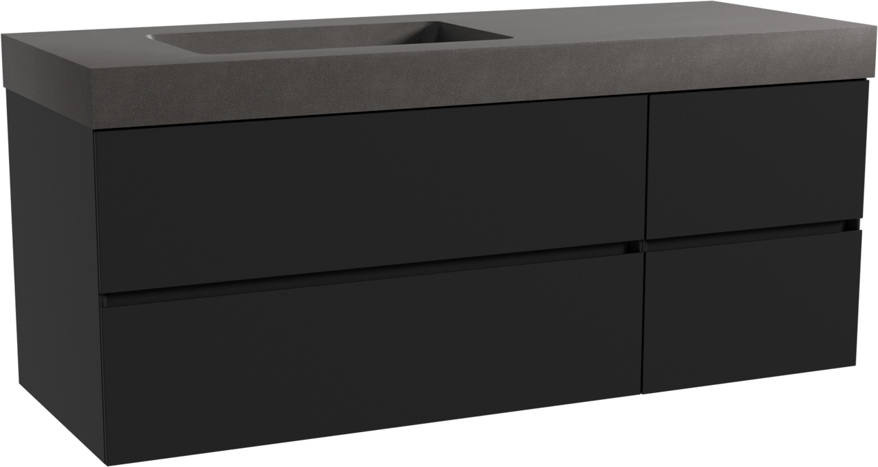 Storke Edge zwevend badkamermeubel 140 x 52 cm mat zwart met Scuro High asymmetrisch linkse wastafel in kwarts mat zwart
