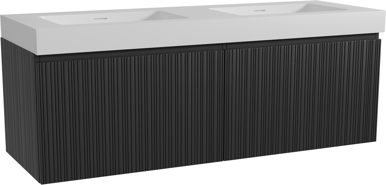 Storke Ribs zwevend badmeubel 150 x 52 cm zwart eiken met Mata High dubbele wastafel in solid surface mat wit, Verticale asymmetrische rechte ribbel