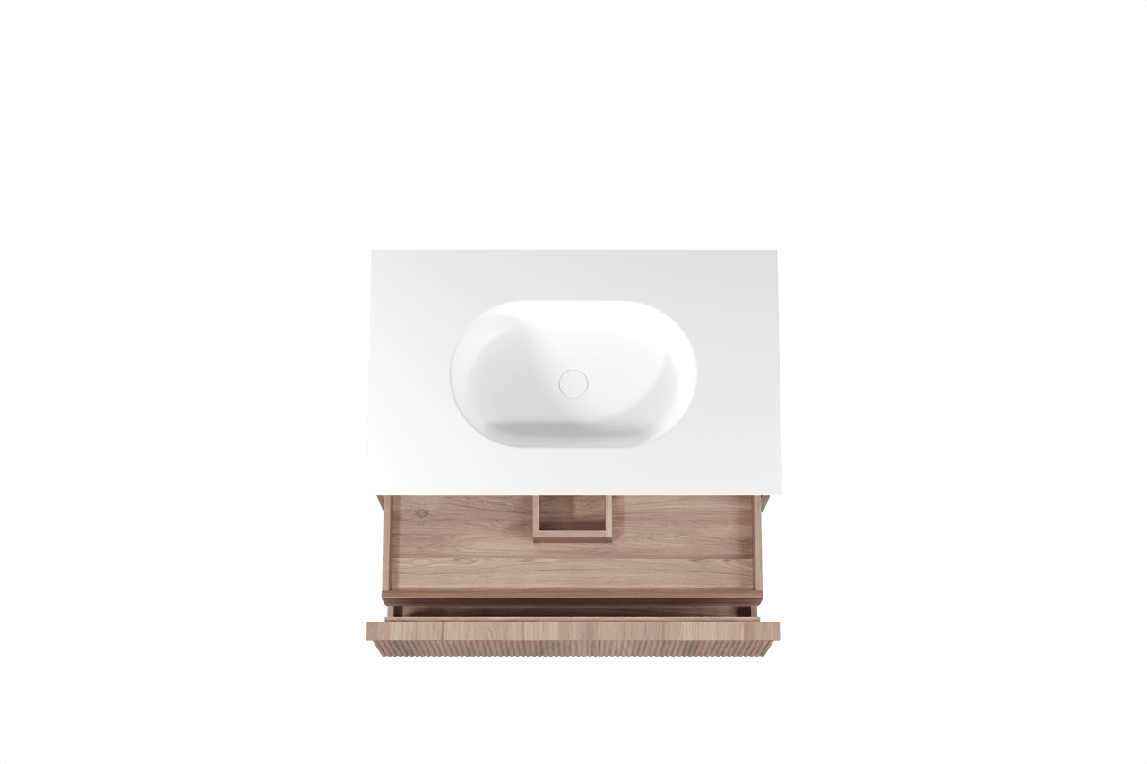 Balmani Forma hängendes Möbelstück Set: 90 x 55 cm, Teak, mit Tablo Oval Einzelwaschtisch, Solid Surface, Weiß matt, Vertikale symmetrische gerade Rippe