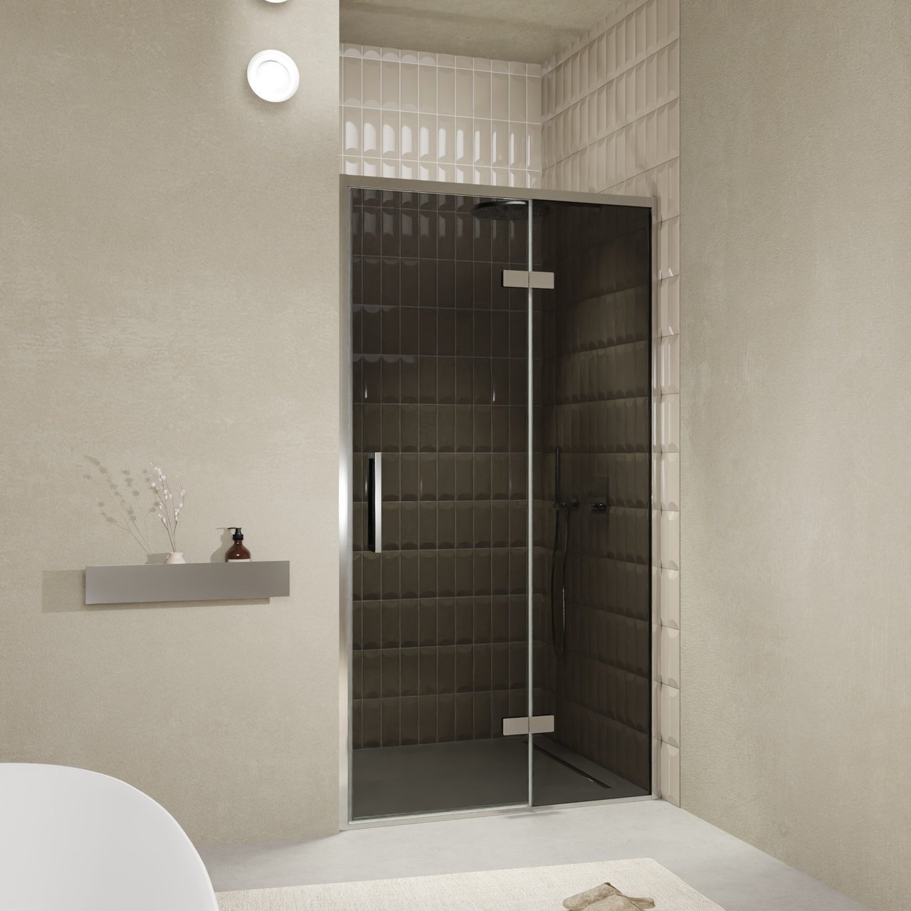 Balmani Senses Design douche draaideur rechts 120 cm x 210 cm Rookglas, Chroom profielen, met coating