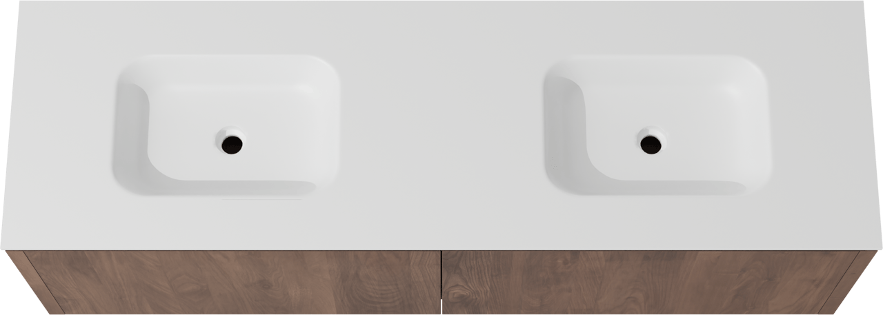 Balmani Eclips zwevend badmeubel 180 x 55 cm Amerikaans notenhout met Tablo Arcato dubbele wastafel in Solid Surface mat wit