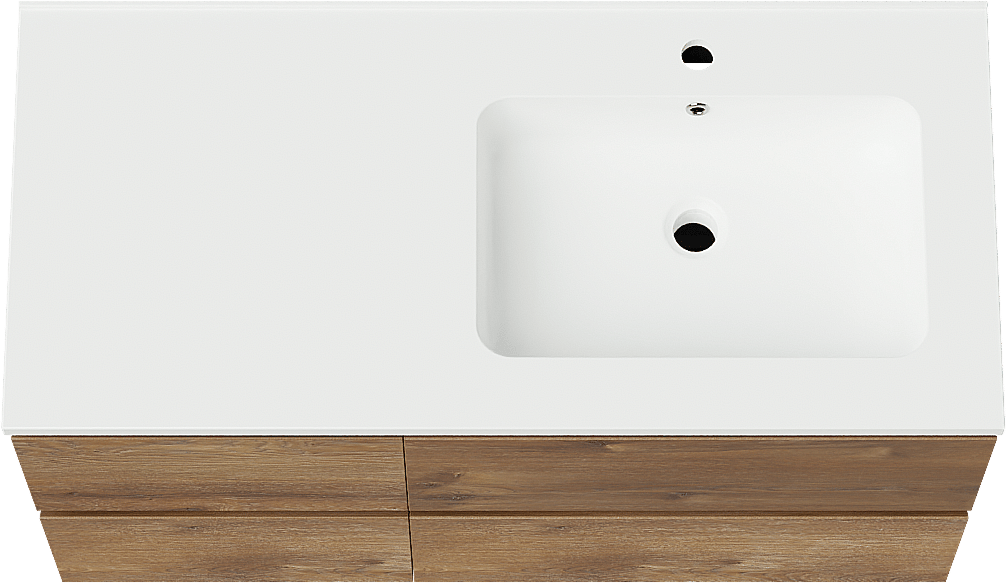 Linie Lado meuble salle de bains suspendu 100 x 46 cm chêne brun avec Vano vasque asymétrique droite en marbre composite blanc mat