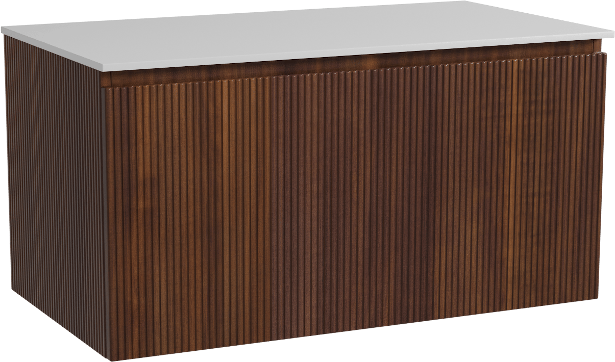Storke Ribs meuble salle de bains suspendu 95 x 52 cm noyer avec Tavola tablette simple en solid surface blanc mat, Nervure droite symétrique verticale